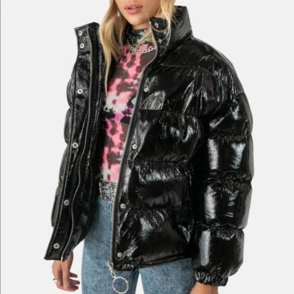 Adika Jackets & Blazers - Adika Black Glossy Shiny Vinyl Reagan Puffy Jacket - S/M